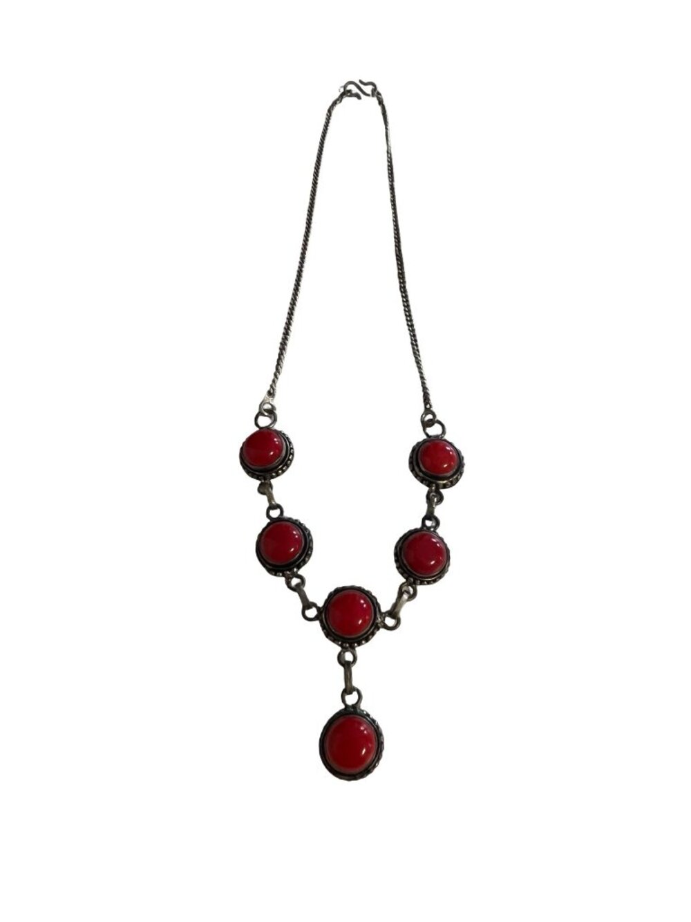 Vintage 925 Sterling Silver Red Cabochon Necklace Statement Drop Dangle